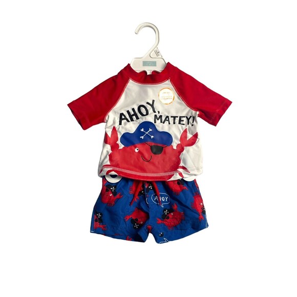 Cute Carters Boys 3M Swim Trunk Matching Shirt 2 Piece Ahoy Matey Pirate Crab - Picture 2 of 9